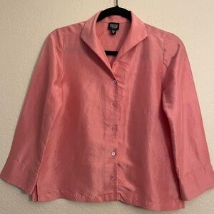 EILEEN FISHER Petite Women's Textured Crinkle 100% Silk 3/4 Sleeve Button Top PP